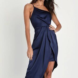 Lulus Law of Attraction Navy Blue One-Shoulder Asymmetrical Midi Dress Size M